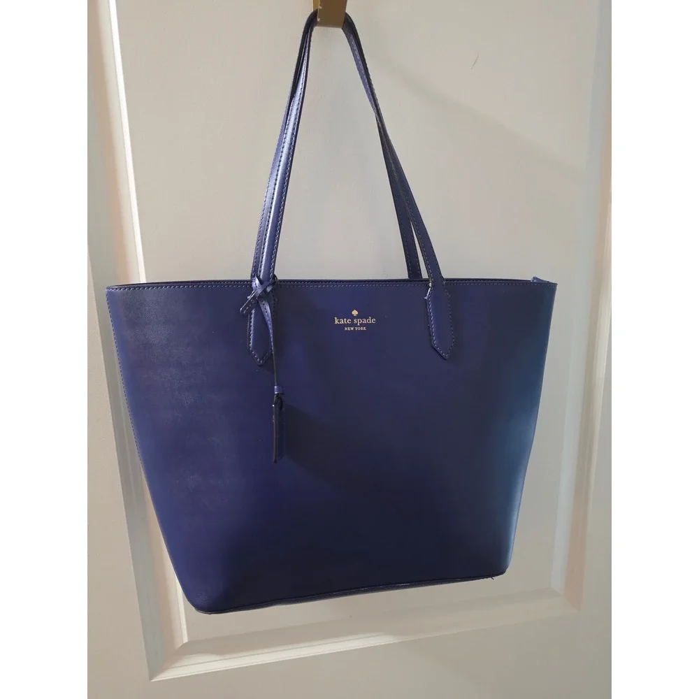 Kate Spade New York Navy Blue Leather Tote Bag Shoulder Purse Gold Logo